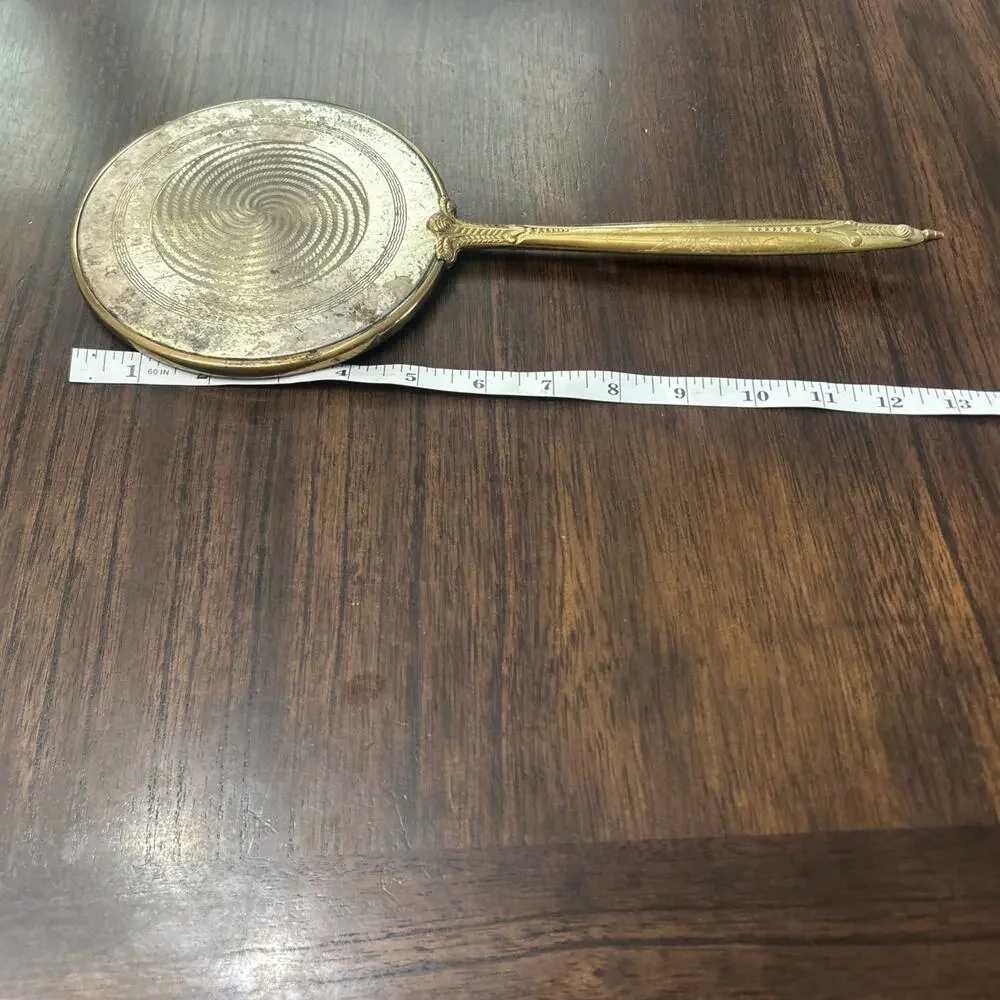 Vtg Art Deco Brass Hand Mirror Antique With Spiral Pattern